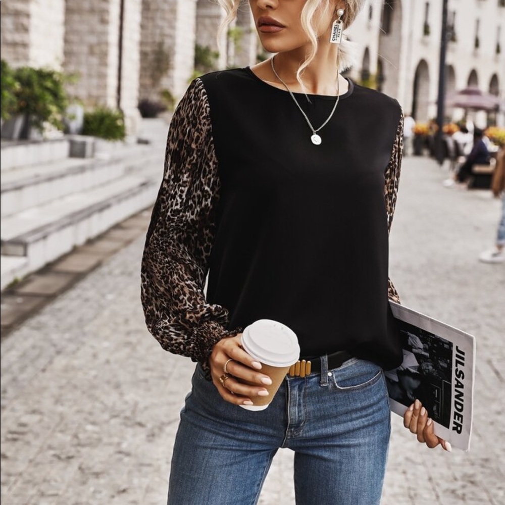 Boho Leopard Print Long Smocked Puff Sleeve Shirt Top Blouse - Picture 6 of 6